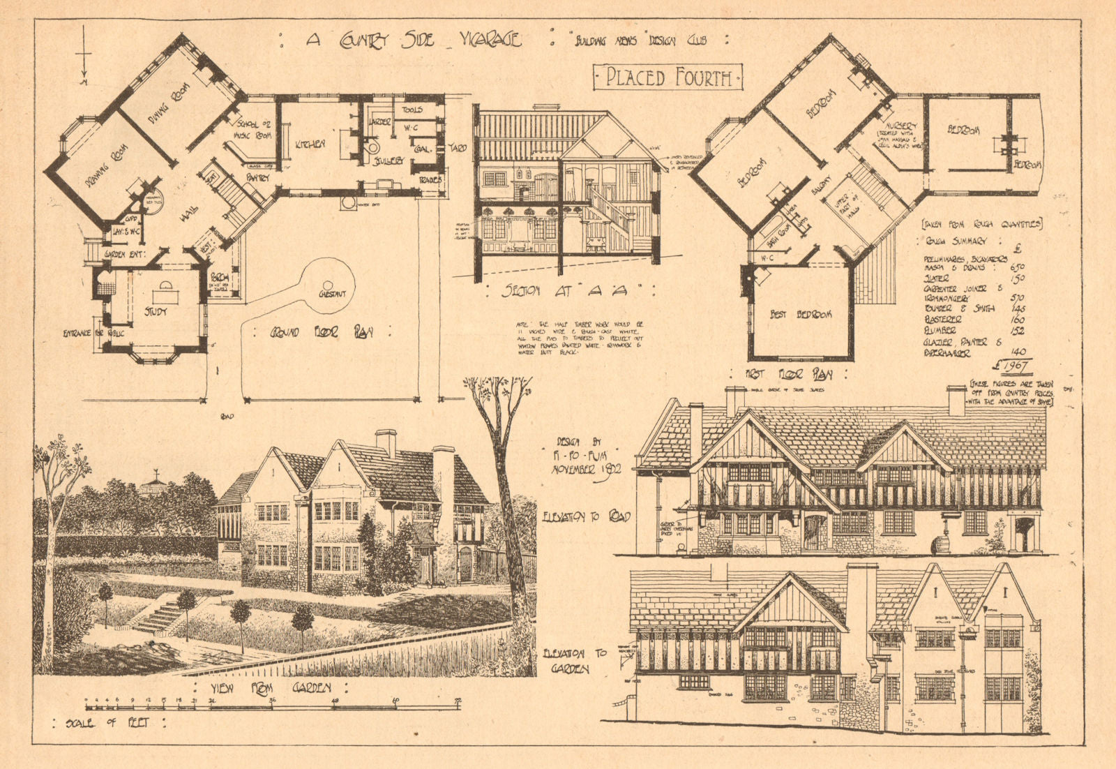 A countryside vicarage: Building News Design Club. Floorplans & elevations 1902